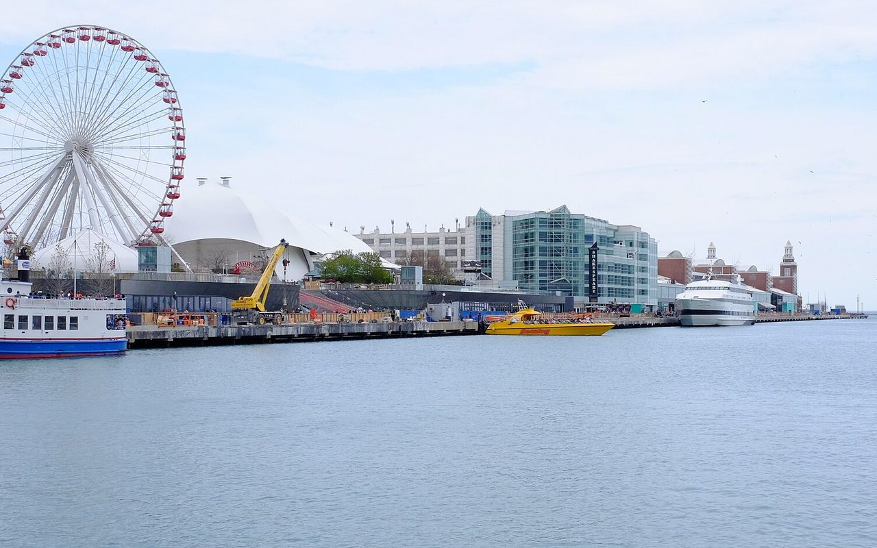 Navy Pier and its Ferris wheel seen from the water