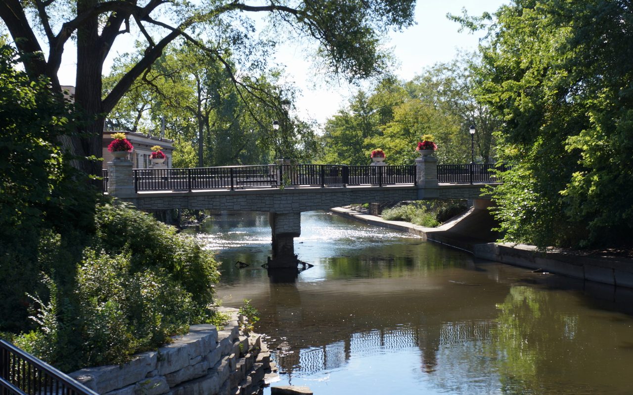 A footbridge over the DuPage River on the Naperville Riverwalk