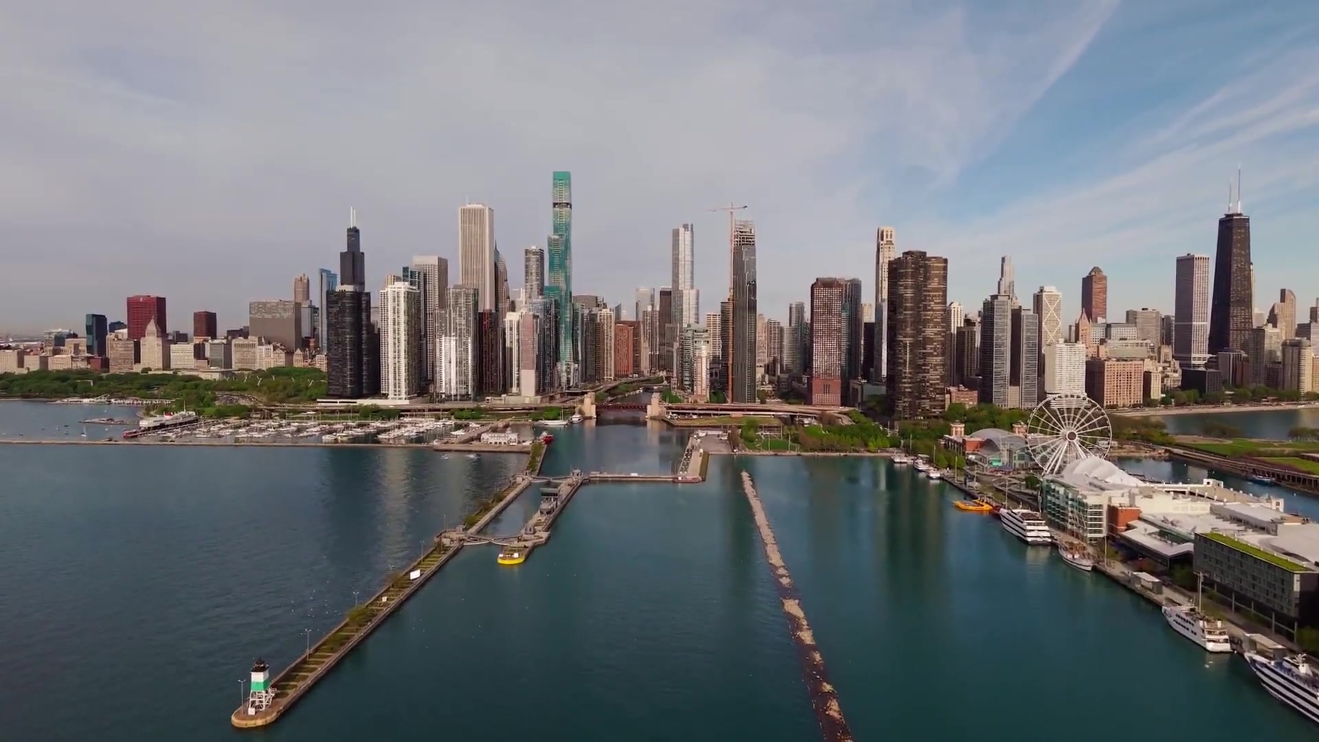 Chicago from the harbor: the Loop, Lakeshore East, River North, Streeterville and the Gold Coast along the lake.