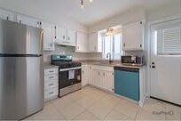 Kitchen with white cabinets and a teal dishwasher